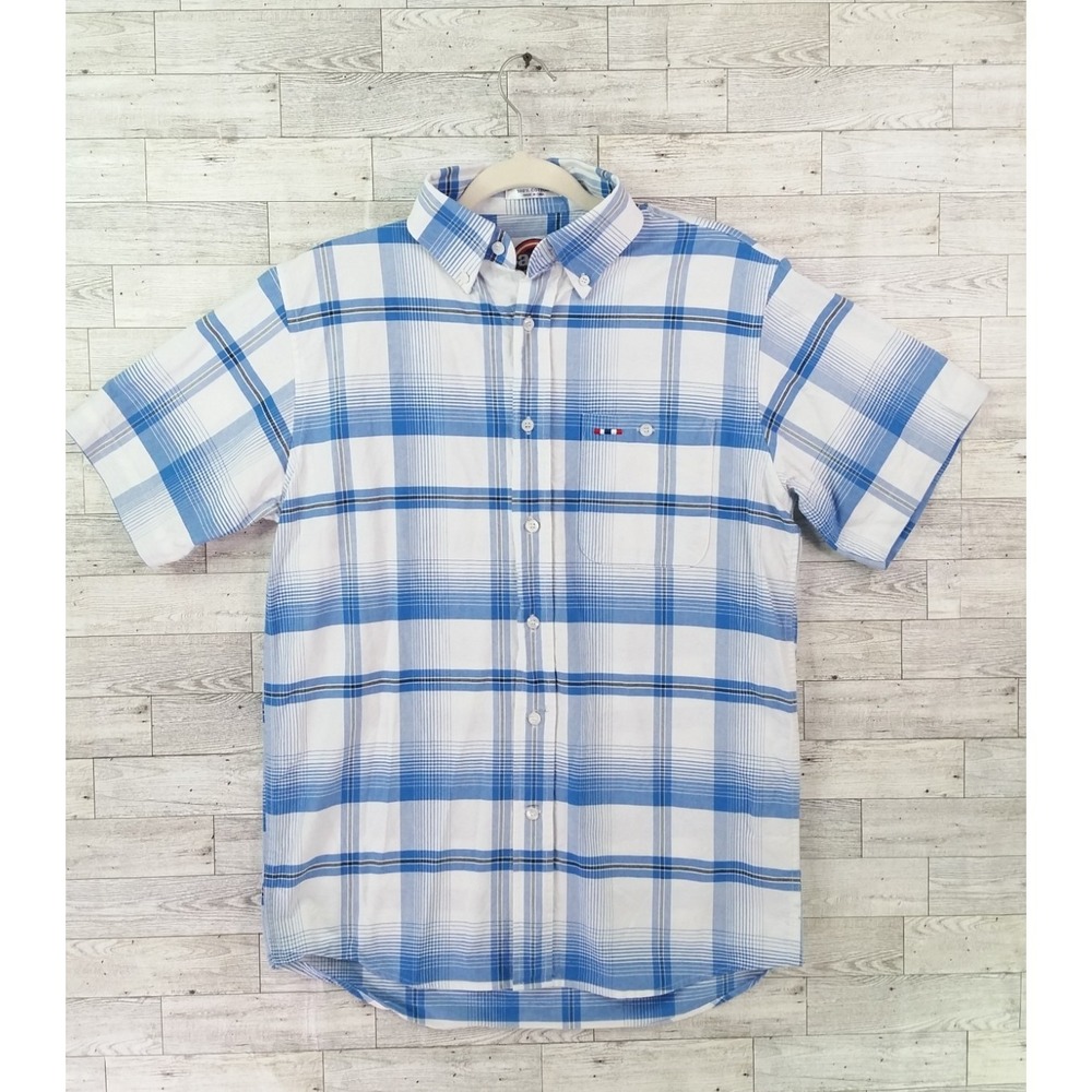 Larro Shirt Short Sleeve Western Rodeo Button Down Shirt Sz Medium M Blue Plaid